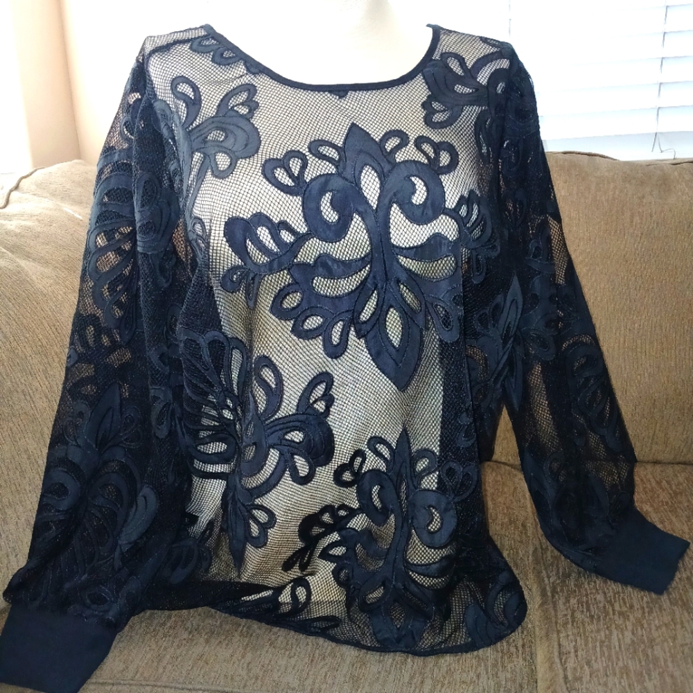 Torrid Black Sheer Mesh Applique Long Sleeve Blouse